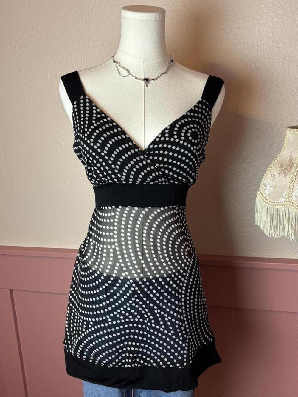 2000s polka dot babydoll tie back top vintage agenda black white sz large gyaru